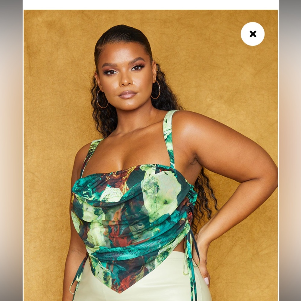 Plus Green Abstract Print Mesh Layered Corset Top